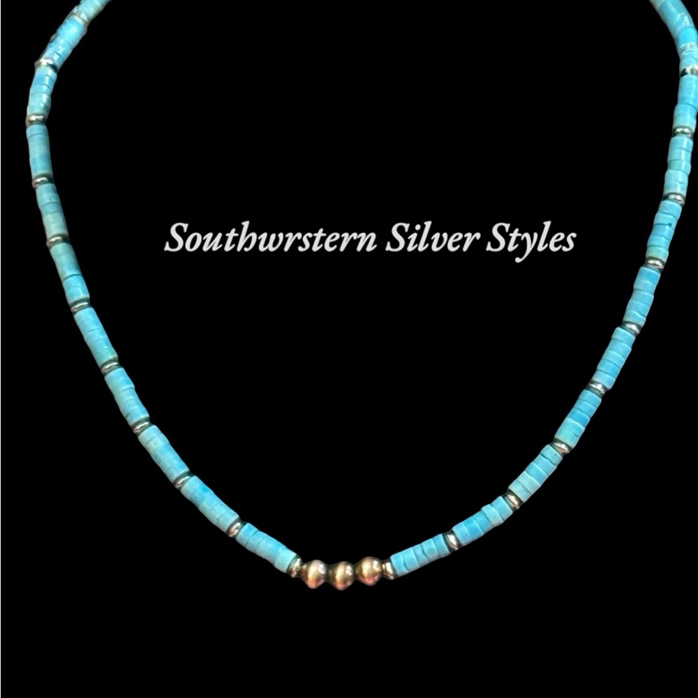 Vintage Southwestern Style Turquoise Sterling Silver Navajo Pearls Necklace - Picture 2 of 9